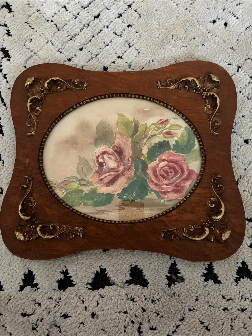 Vintage Floral Rose oil painting with ornate carved wood , signed